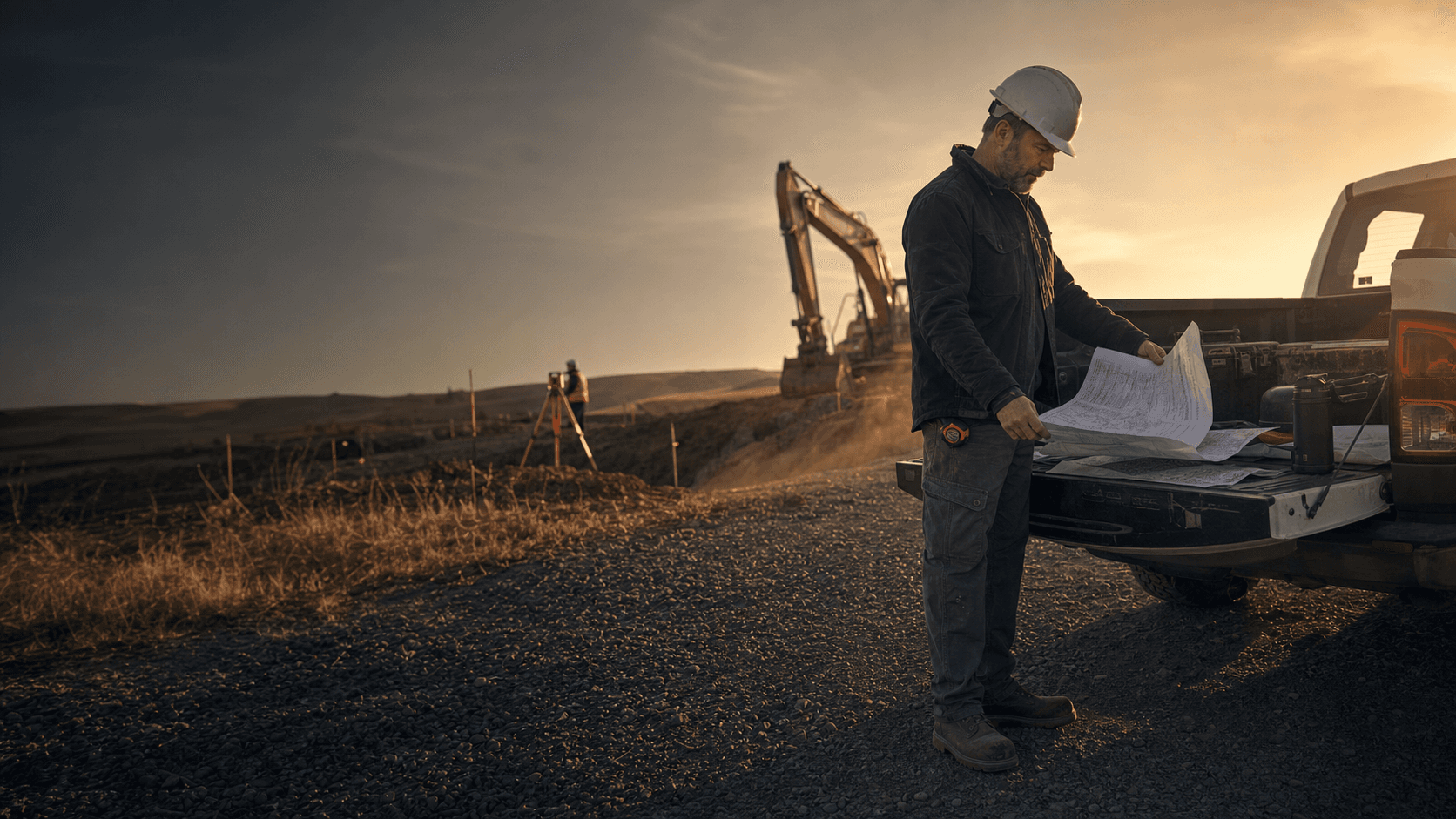 A field estimator reviewing plans at an active work site
